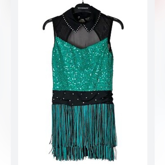 Weissman Adult Large Dance Costume – Green Sequin Fringe Jazz Dress with Collar - Picture 2 of 9